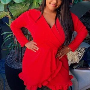 Red Plus Size Long Sleeve Ruffle Dress